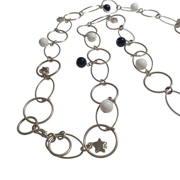 Silver Tone Chain Necklace Black White Beads Star Accents Circular Links Clasp - Picture 2 of 4